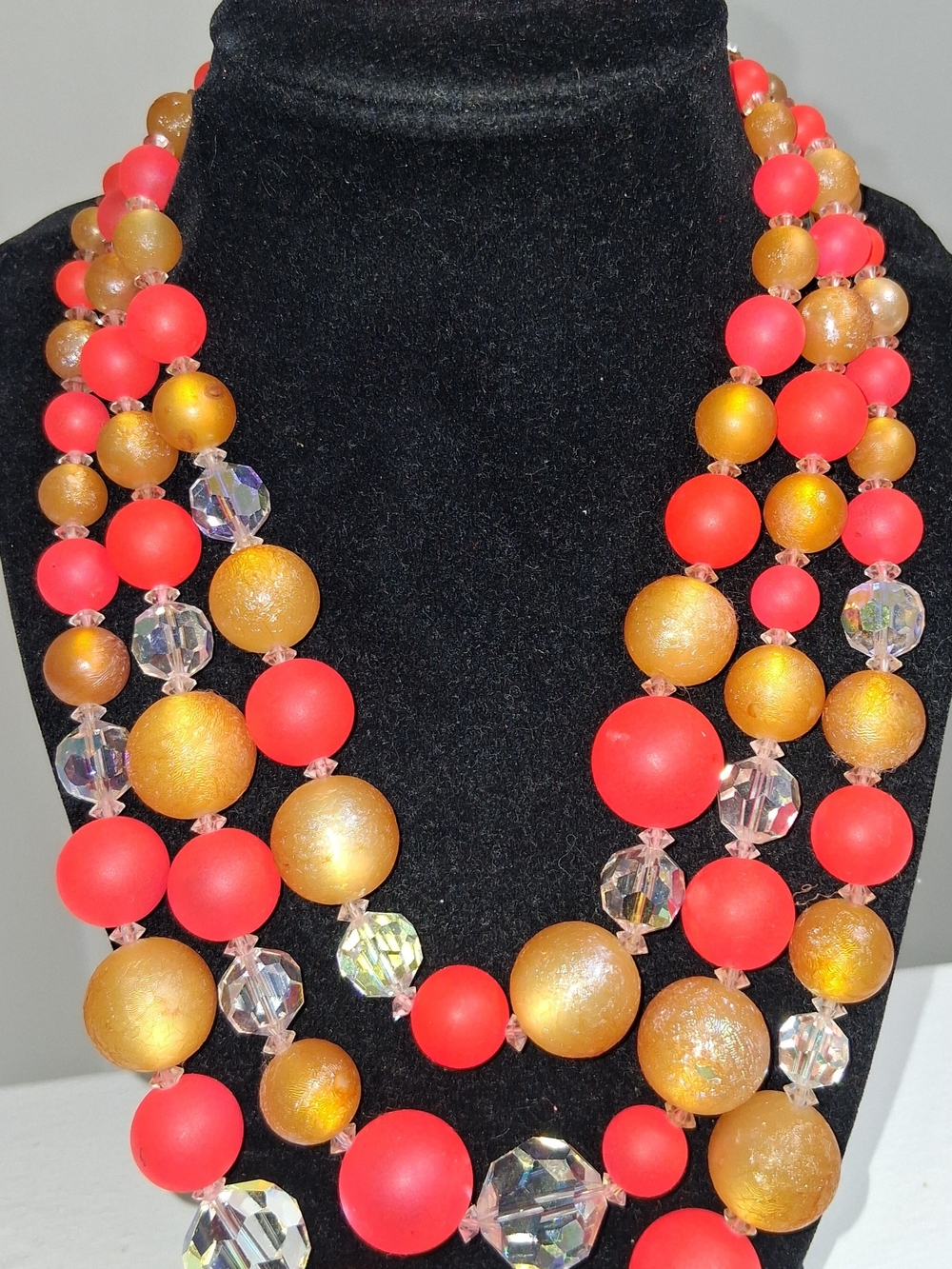 Gold and Coral Multi-Strand Beaded Necklace & earrings Parure -as Is